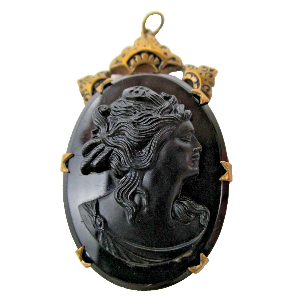 Victorian Black Glass Cameo Mourning Pendant High Relief Ornate Frame Bezel